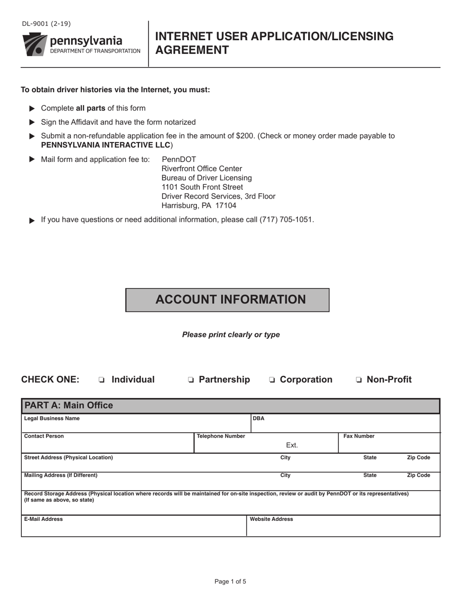 Form DL-9001 Business Internet Application / License Agreement - Pennsylvania, Page 1