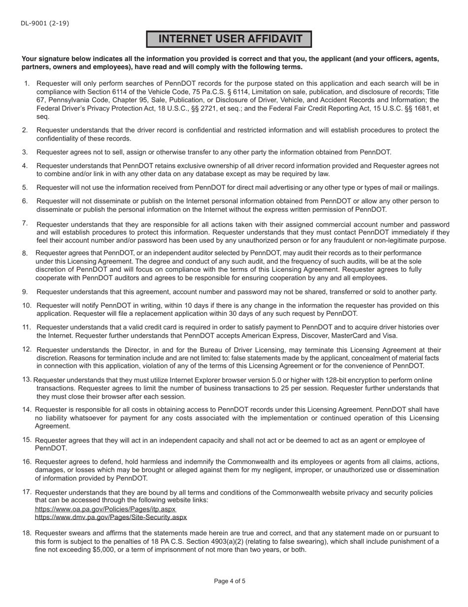 Form DL-9001 Business Internet Application / License Agreement - Pennsylvania, Page 4