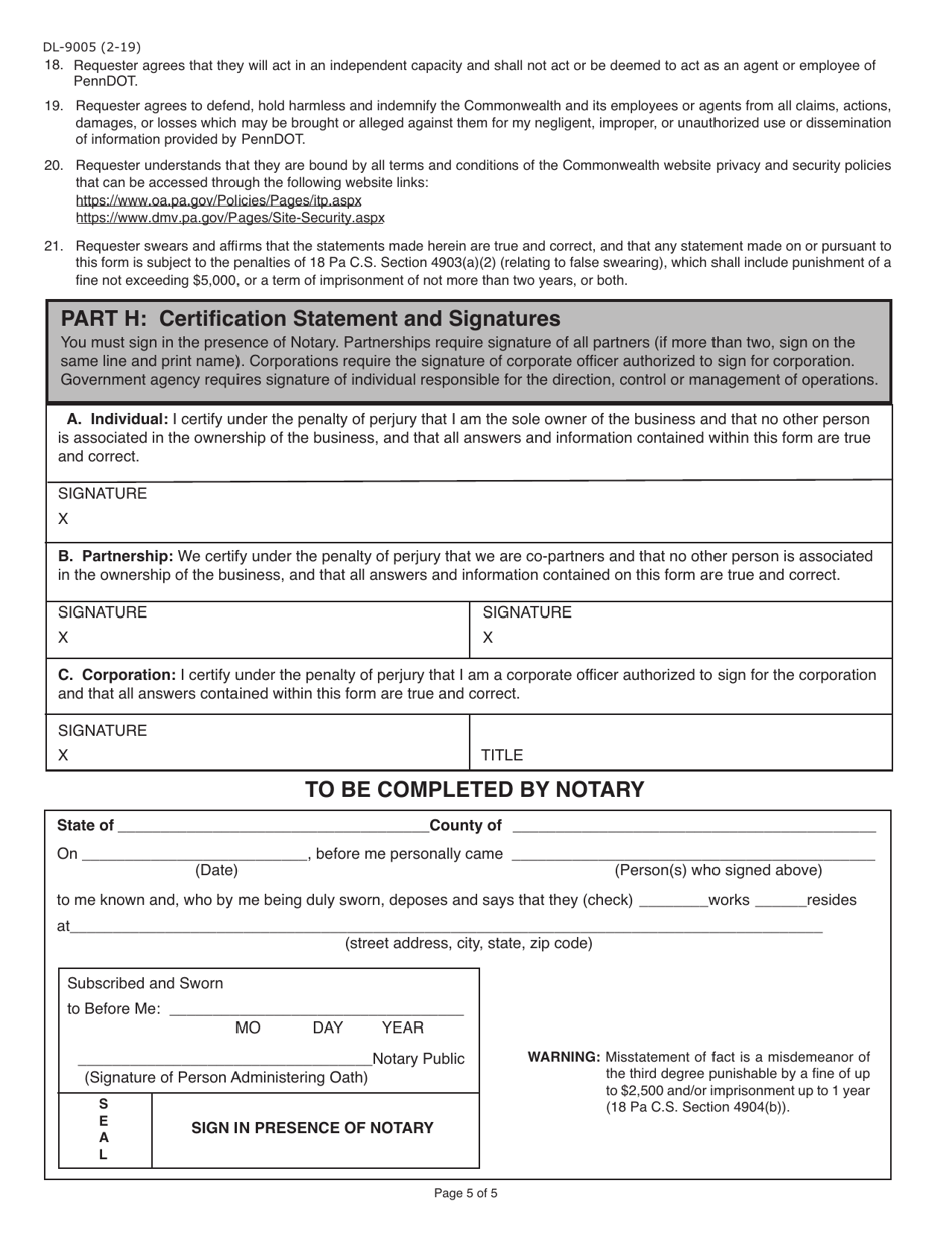 Form DL-9005 Internet User Application / Licensing Agreement for School Bus Contractors - Pennsylvania, Page 5