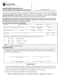 Form MV-2 &quot;Motor Home Certificate of Compliance for Van/Mini-Van Vehicles&quot; - Pennsylvania