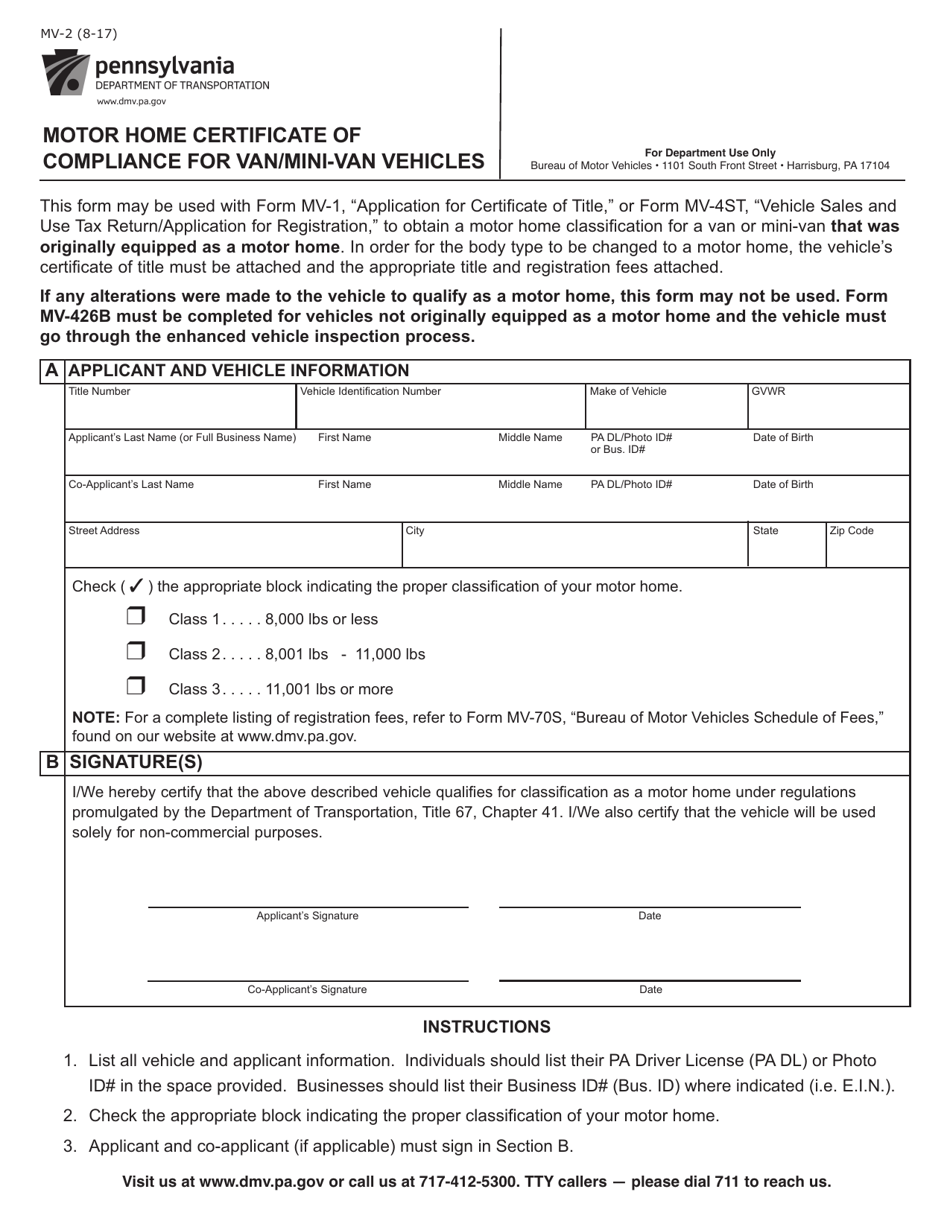 Form MV-2 Motor Home Certificate of Compliance for Van / Mini-Van Vehicles - Pennsylvania, Page 1