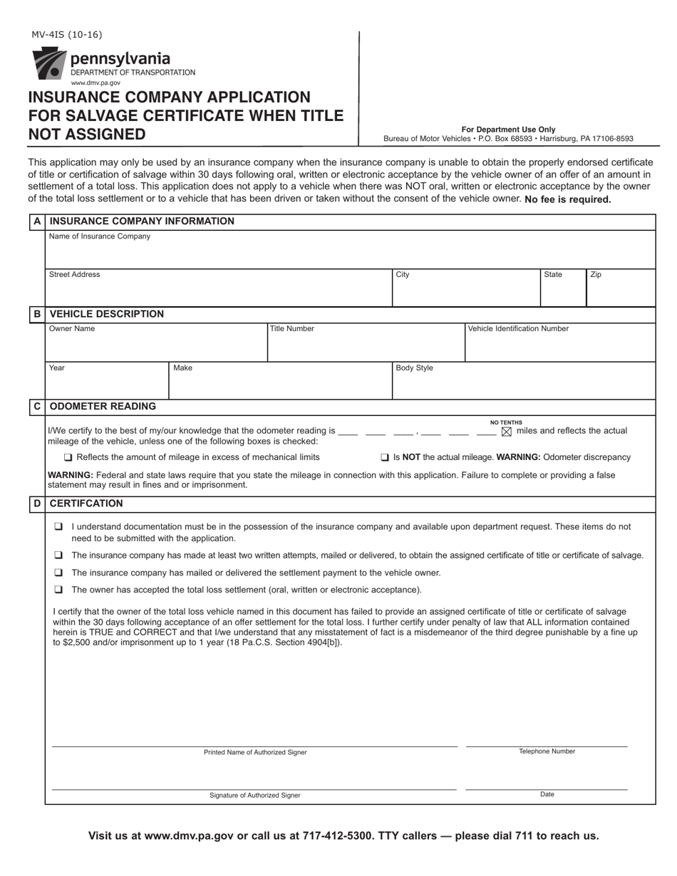 Form MV-4IS Insurance Company Application for Salvage Certificate When Title Not Assigned - Pennsylvania, Page 1