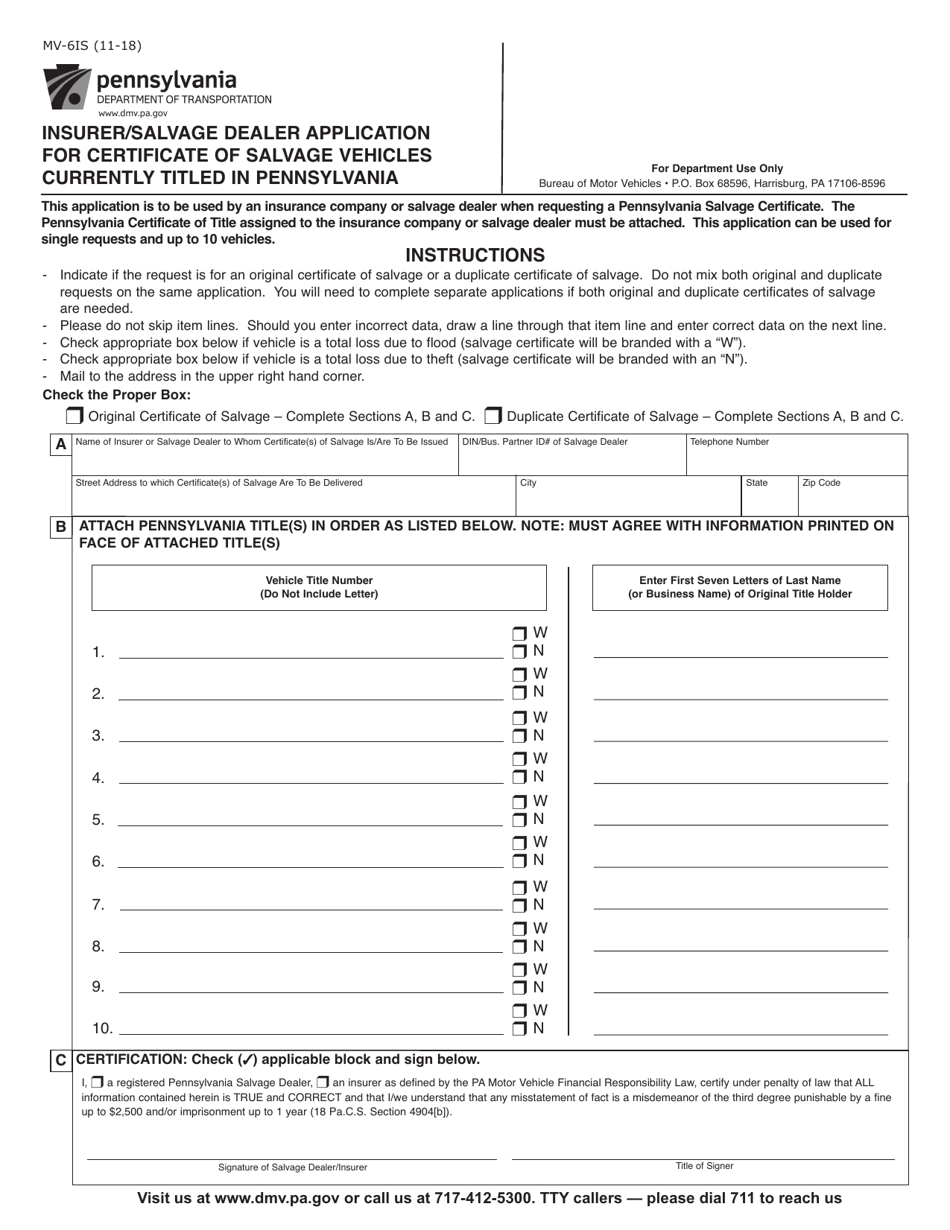 Form MV-6IS Insurer / Salvage Dealer Application for Certificate of Salvage Vehicles Currently Titled in Pennsylvania - Pennsylvania, Page 1