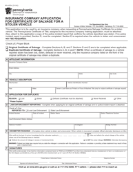 Document preview: Form MV-6SV Insurance Company Application for Certificate of Salvage for a Stolen Vehicle - Pennsylvania