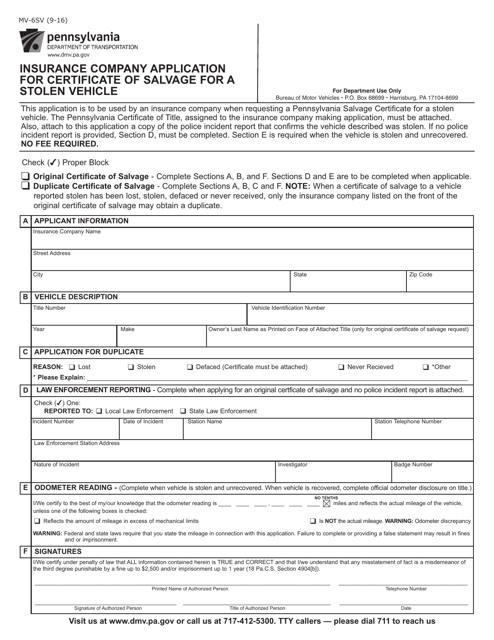 Form MV-6SV Insurance Company Application for Certificate of Salvage for a Stolen Vehicle - Pennsylvania