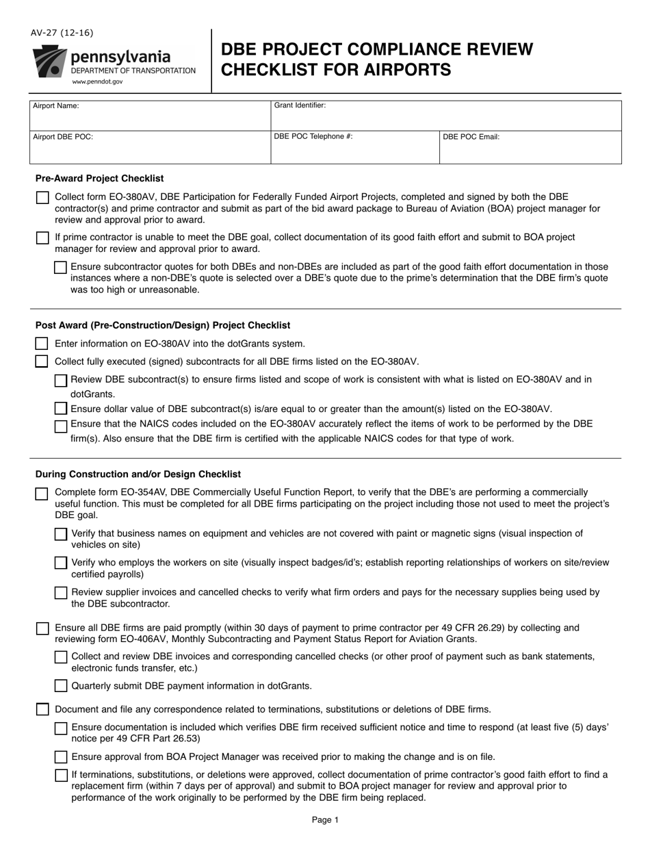 Form AV-27 Dbe Project Compliance Review Checklist for Airports - Pennsylvania, Page 1