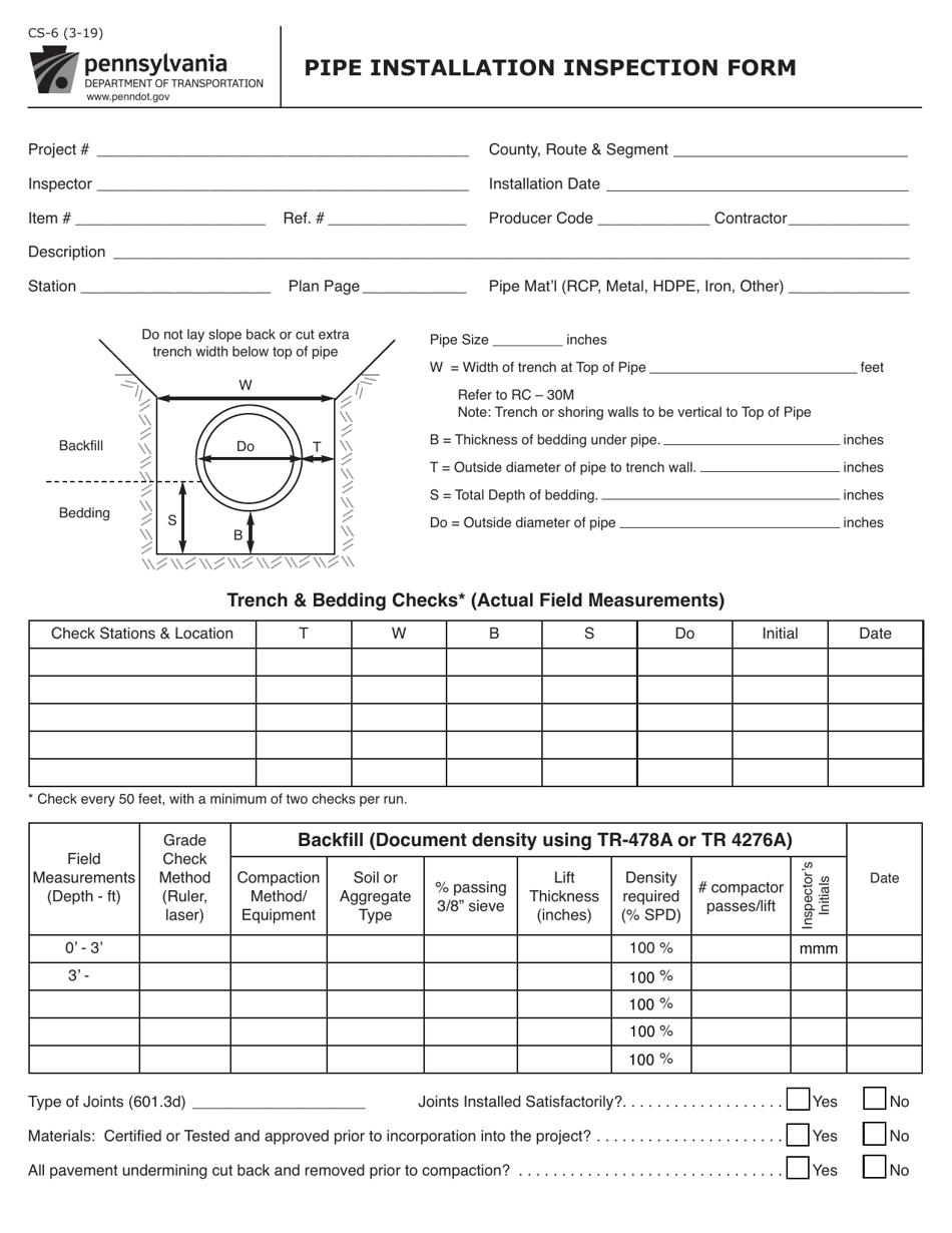 Form CS-6 Pipe Installation Inspection Form - Pennsylvania, Page 1