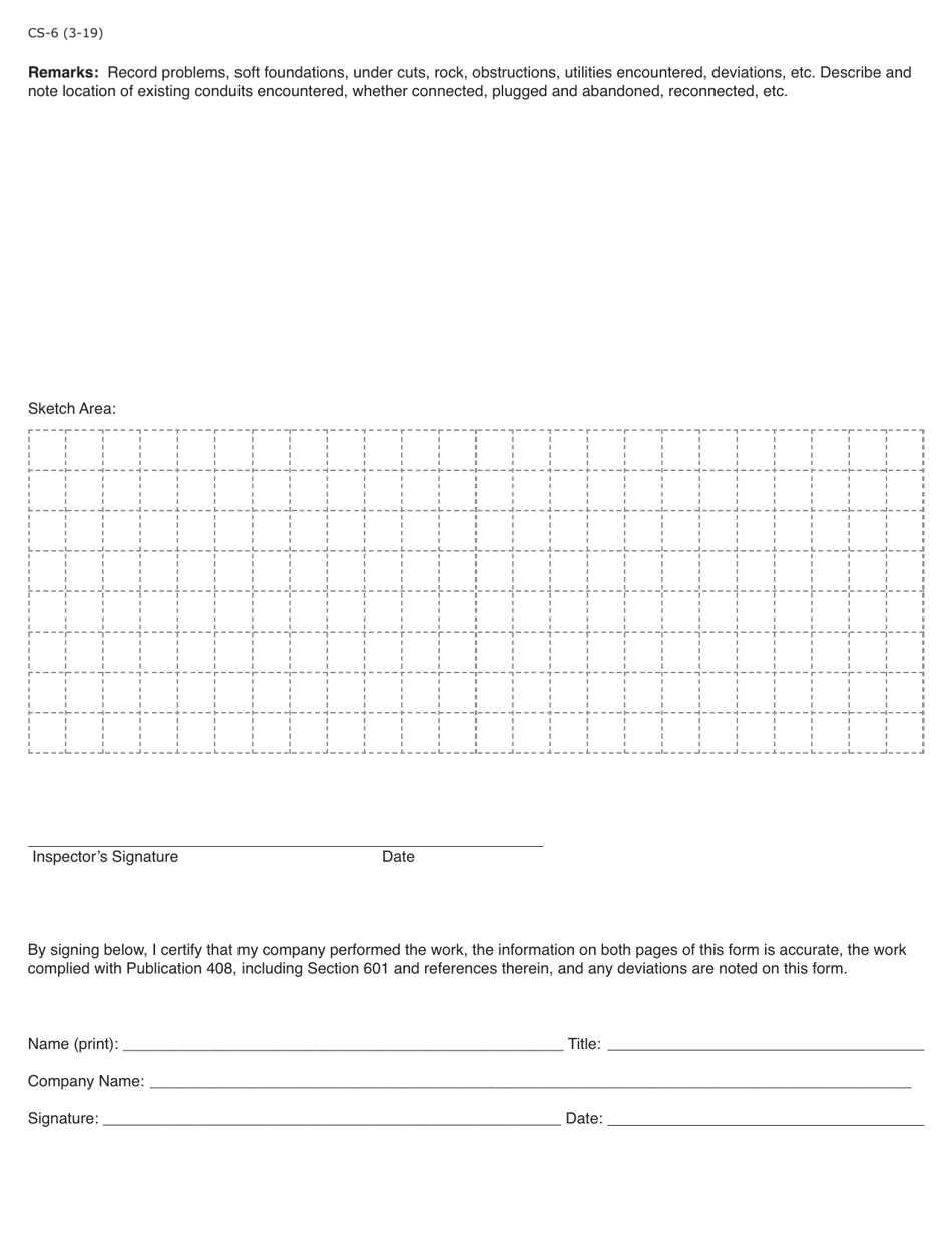 Form CS-6 Pipe Installation Inspection Form - Pennsylvania, Page 2