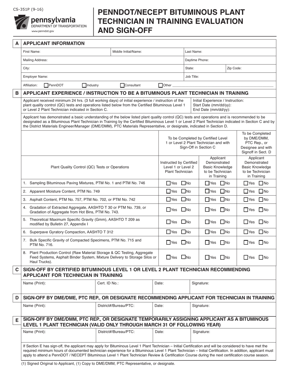 Form CS-351P Penndot/Necept Bituminous Plant Technician in Training Evaluation and Sign-Off - Pennsylvania, Page 1