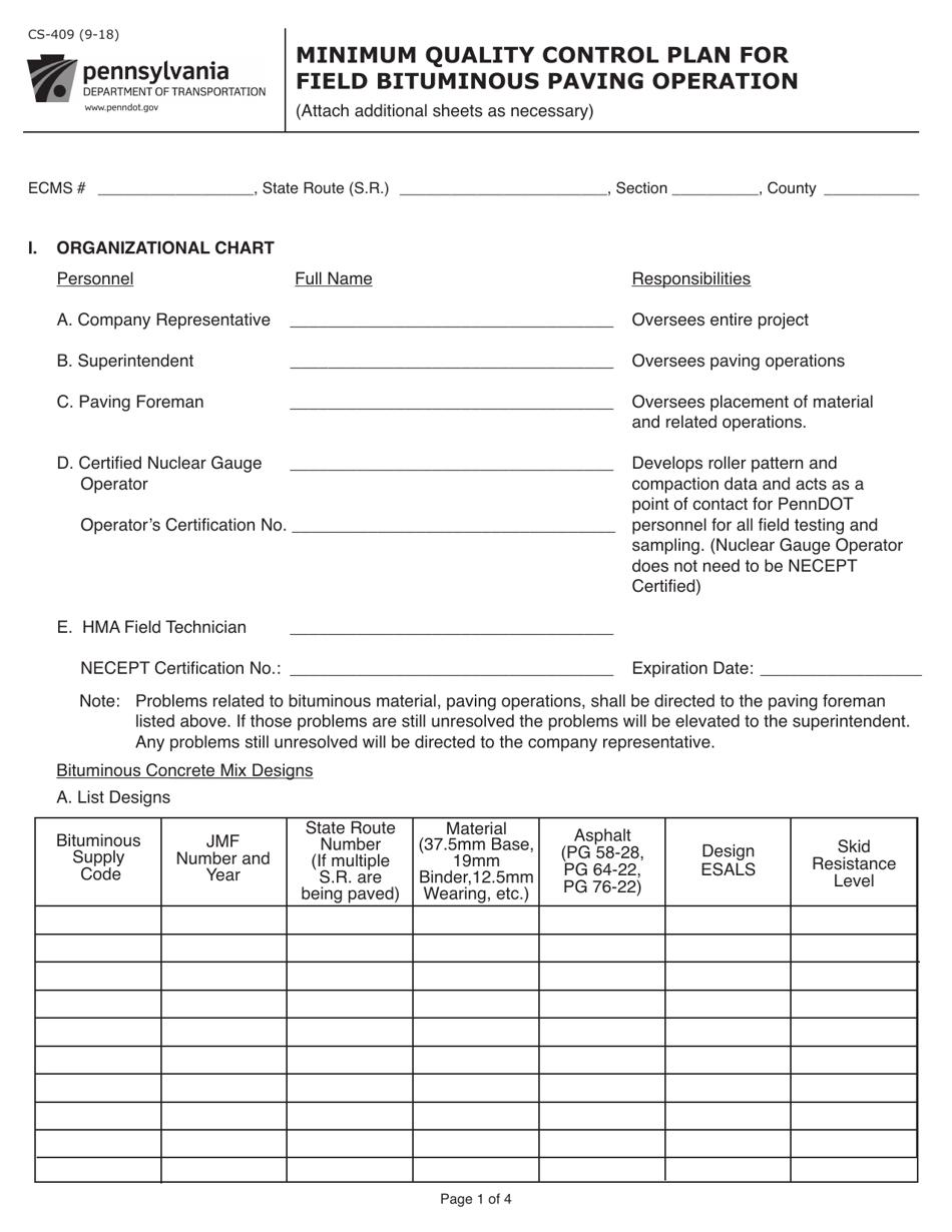 Form CS-409 Minimum Quality Control Plan for Field Bituminous Paving Operations - Pennsylvania, Page 1