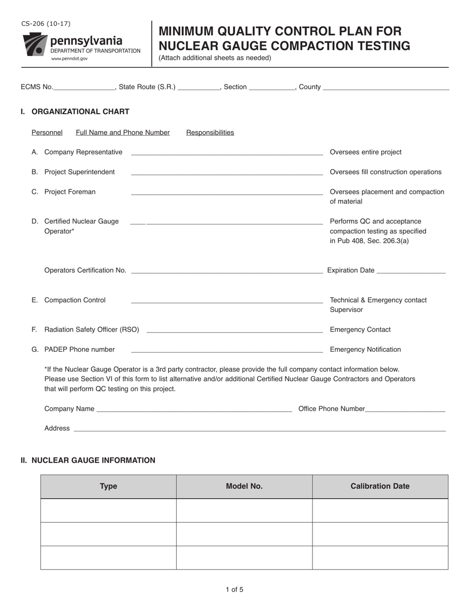Form CS-206 Minimum Quality Control Plan - Pennsylvania, Page 1