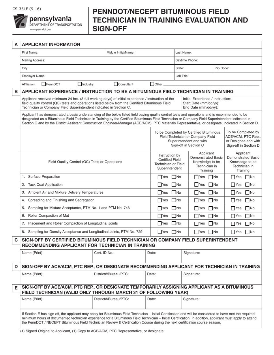 Form CS-351F Penndot / Necept Bituminous Field Technician in Training Evaluation and Sign-Off - Pennsylvania, Page 1