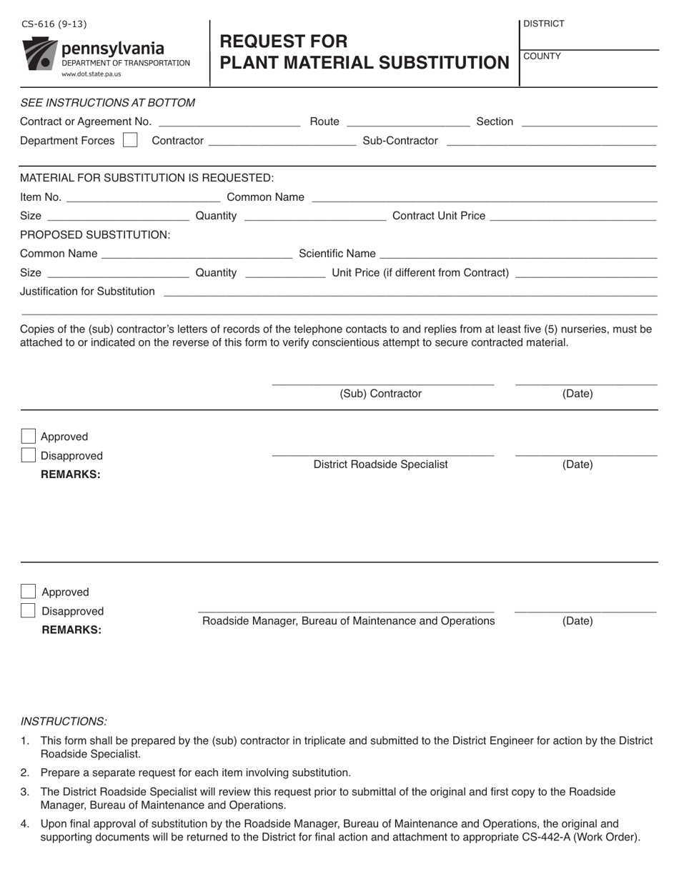 Form CS-616 Request for Plant Material Substitution - Pennsylvania, Page 1