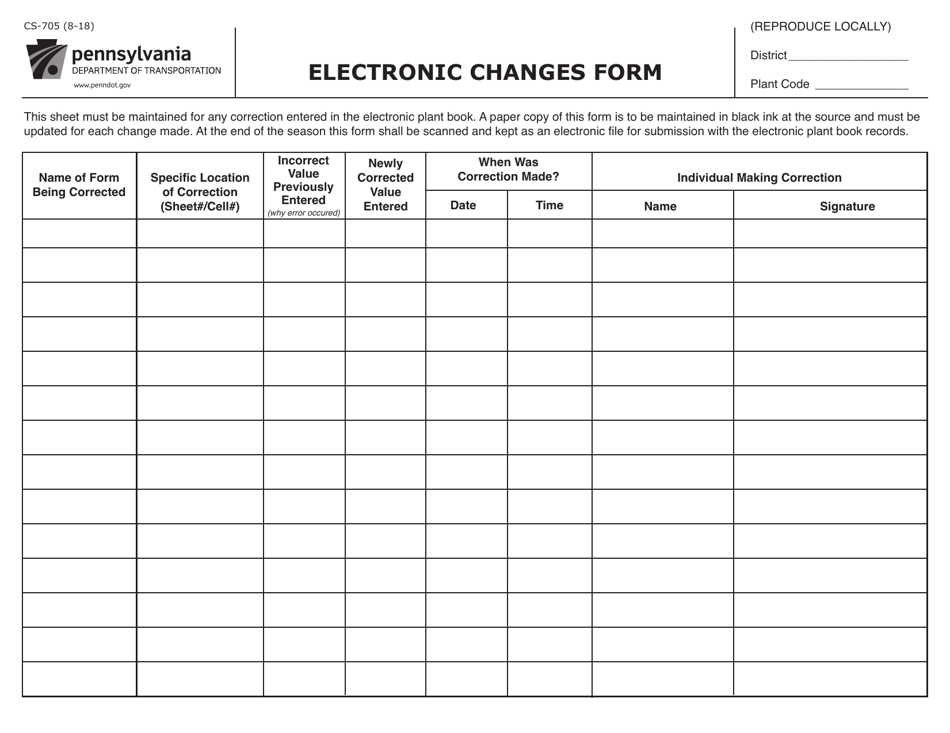 Form CS-705 Electronic Changes Form - Pennsylvania, Page 1