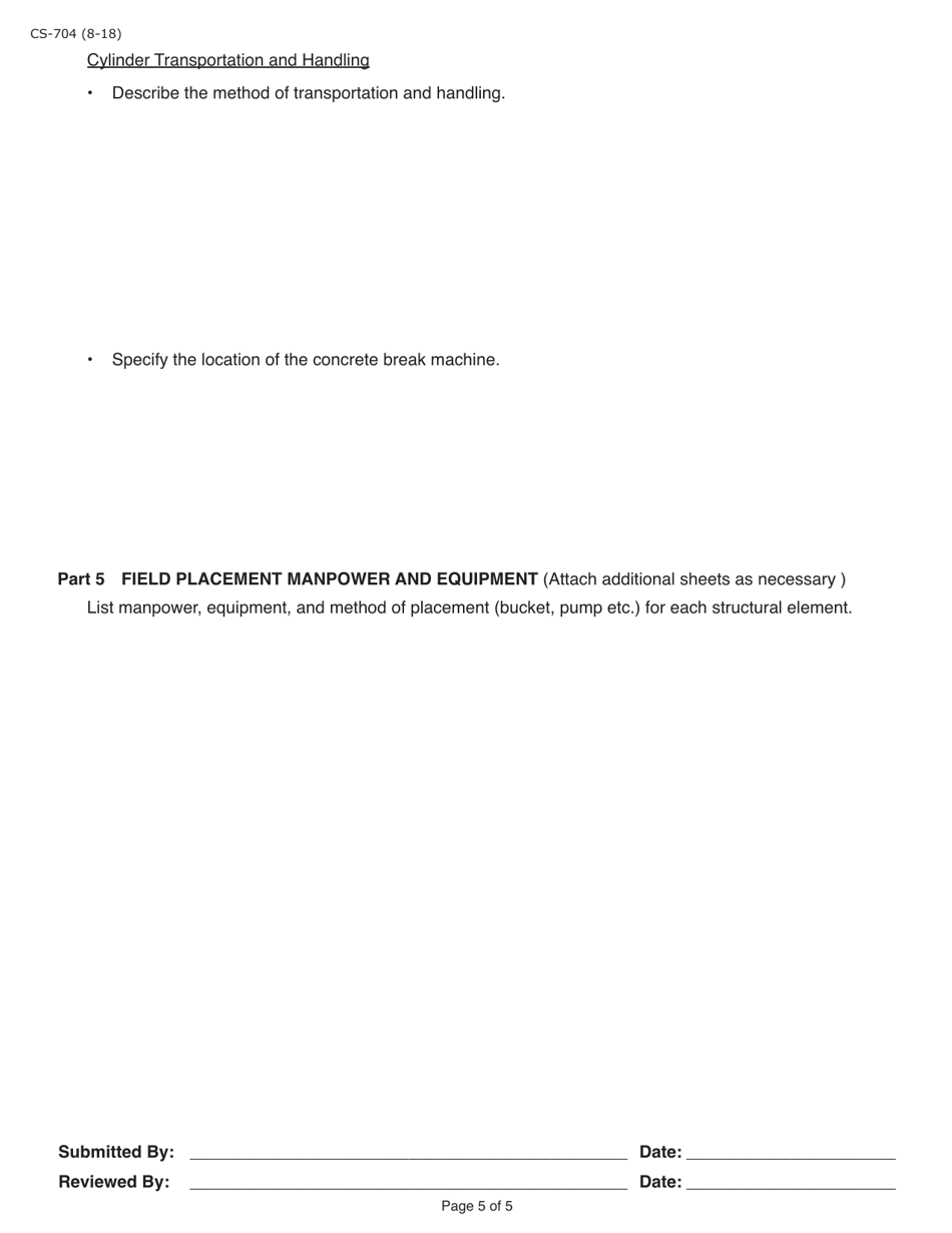 Form CS-704 Minimum Quality Control Plan for Field Placement Concrete Operations - Pennsylvania, Page 5