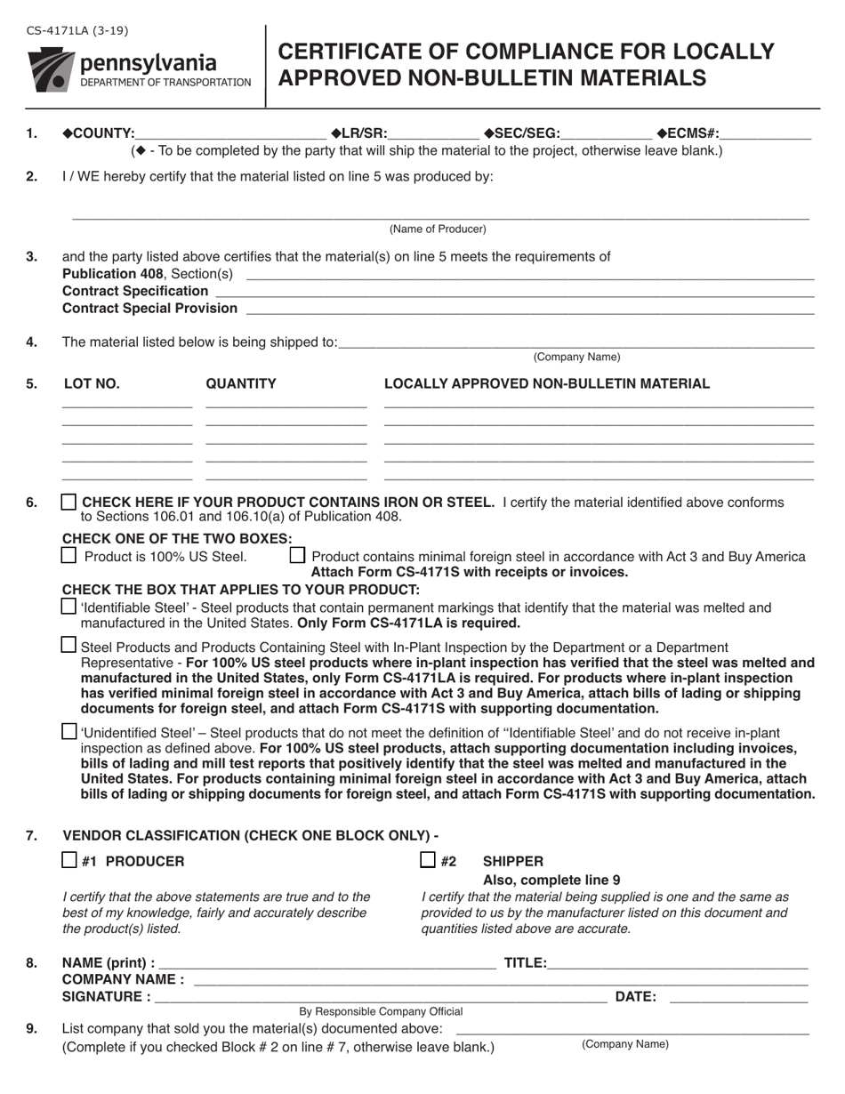 Form CS-4171LA Certificate of Compliance for Locally Approved Non-bulletin Materials - Pennsylvania, Page 1