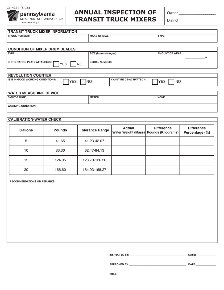 Form CS-4337 Plant Inspector's Report of Transit Truck Mixers - Pennsylvania, Page 1