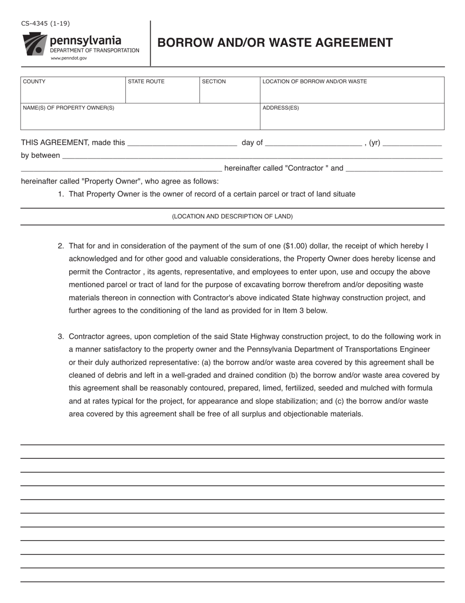 Form CS-4345 Borrow and / or Waste Agreement - Pennsylvania, Page 1