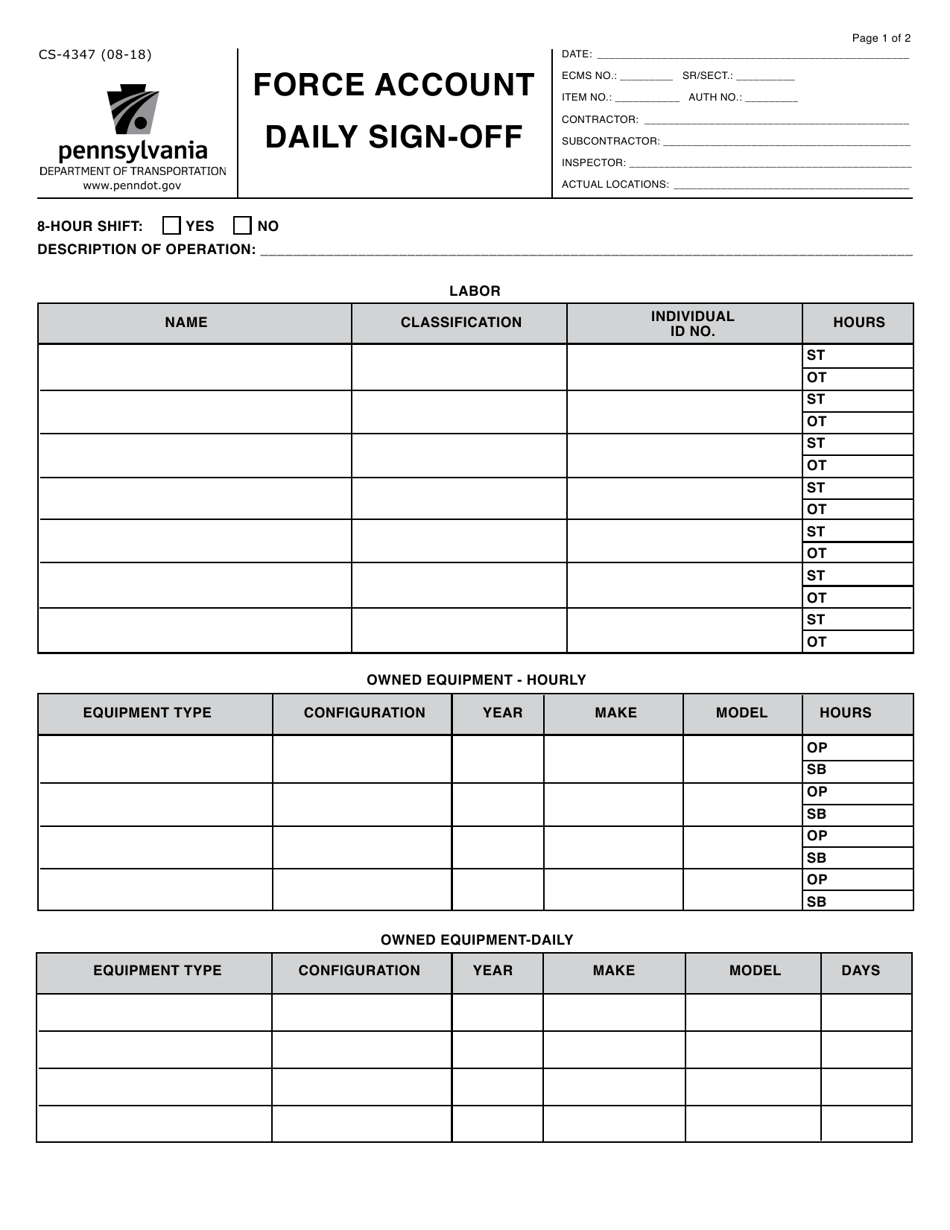 Form CS-4347 Force Account Daily Sign-Off - Pennsylvania, Page 1