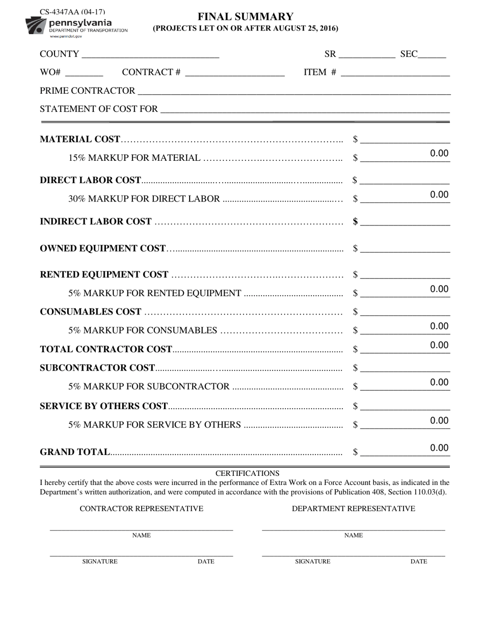 Form CS-4347AA Final Summary (Projects Let on or After August 25, 2016) - Pennsylvania, Page 1