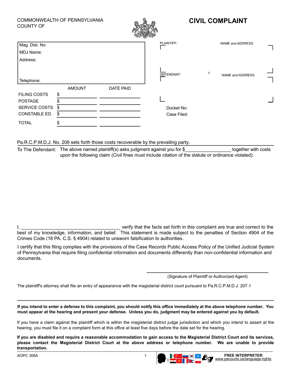 Form AOPC308A Civil Complaint - Pennsylvania, Page 1