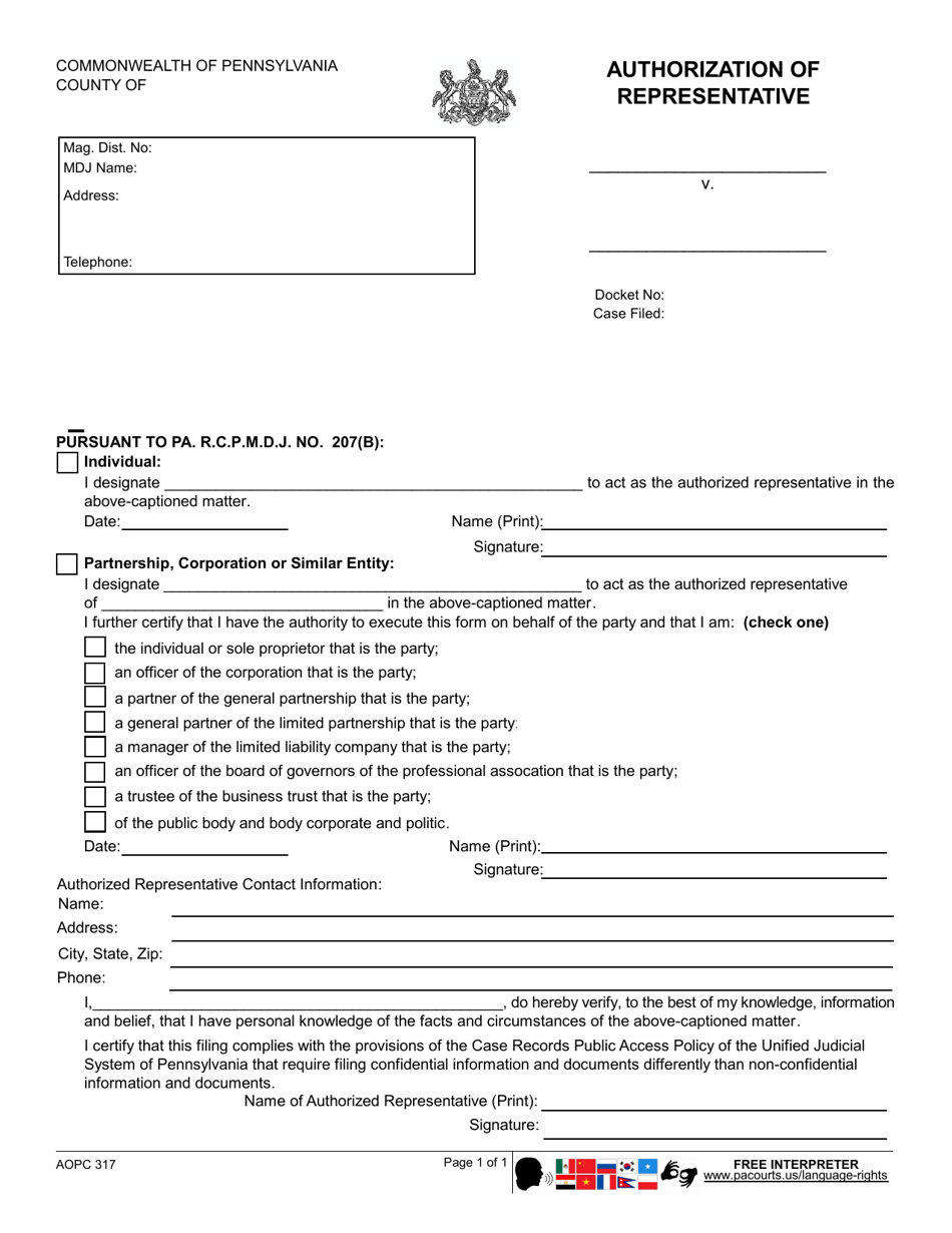 Form AOPC317 Authorization of Representative - Pennsylvania, Page 1