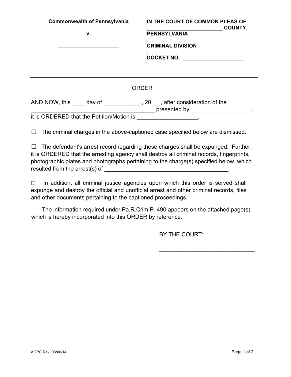 Expungement Order 490 - Pennsylvania, Page 1