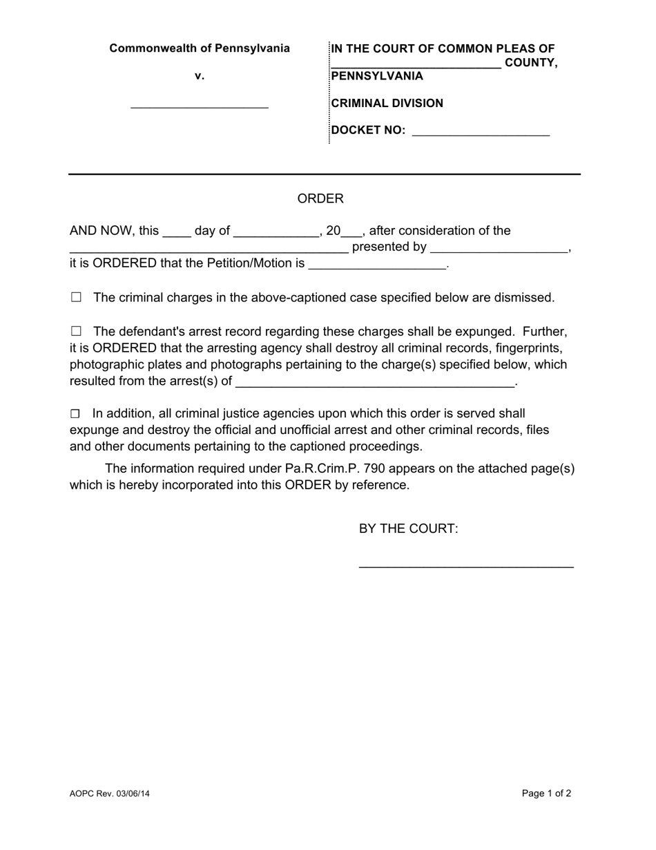 Blank Expungement Order 790 - Pennsylvania, Page 1