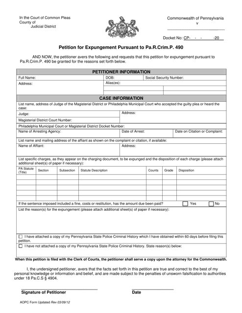 Petition for Expungement Pursuant to Pa.r.crim.p. 490 - Pennsylvania Download Pdf