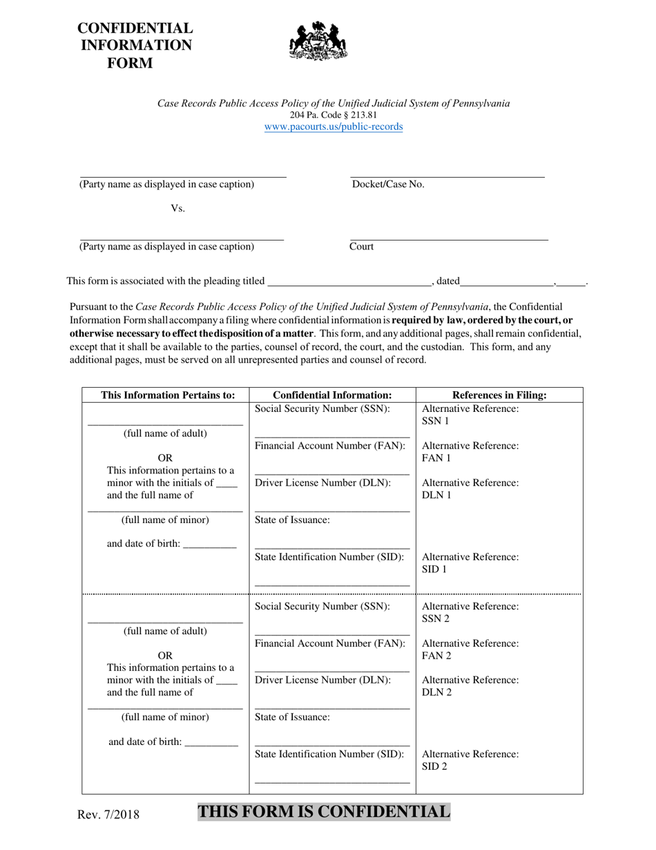 Confidential Information Form - Pennsylvania, Page 1