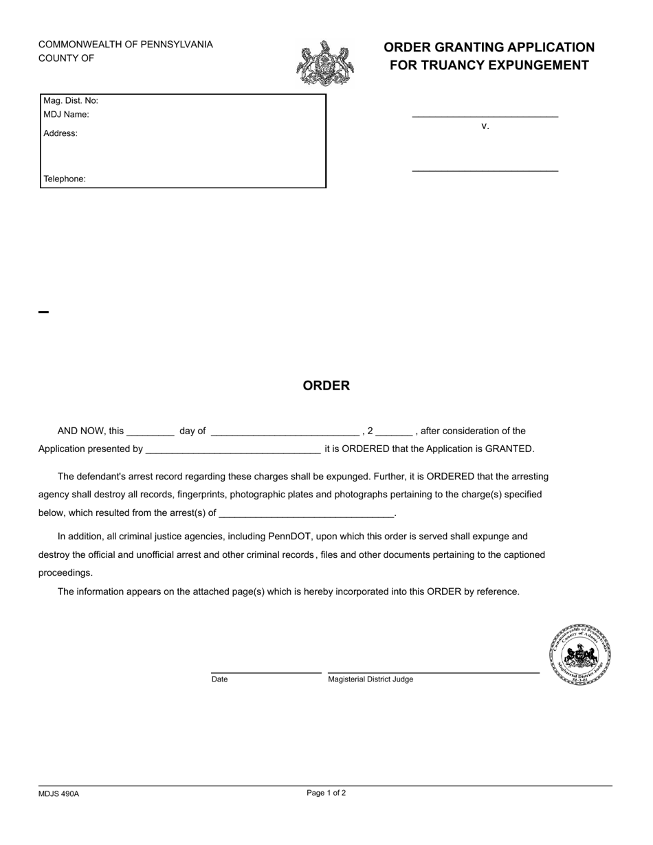 Form MDJS490A Order Granting Application for Truancy Expungement - Pennsylvania, Page 1