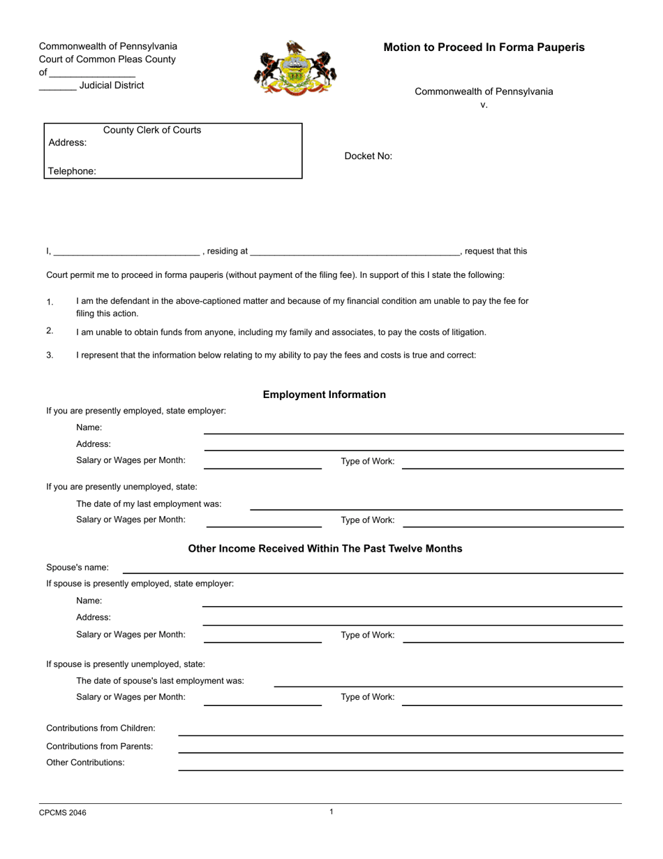Form CPCMS2046 Motion to Proceed in Forma Pauperis - Pennsylvania, Page 1
