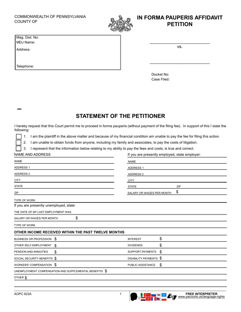 Form AOPC622A In Forma Pauperis Affidavit Petition - Pennsylvania