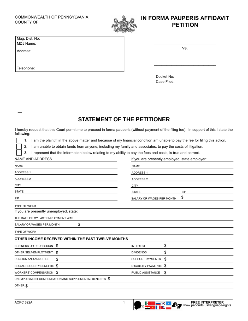 Form AOPC622A In Forma Pauperis Affidavit Petition - Pennsylvania, Page 1