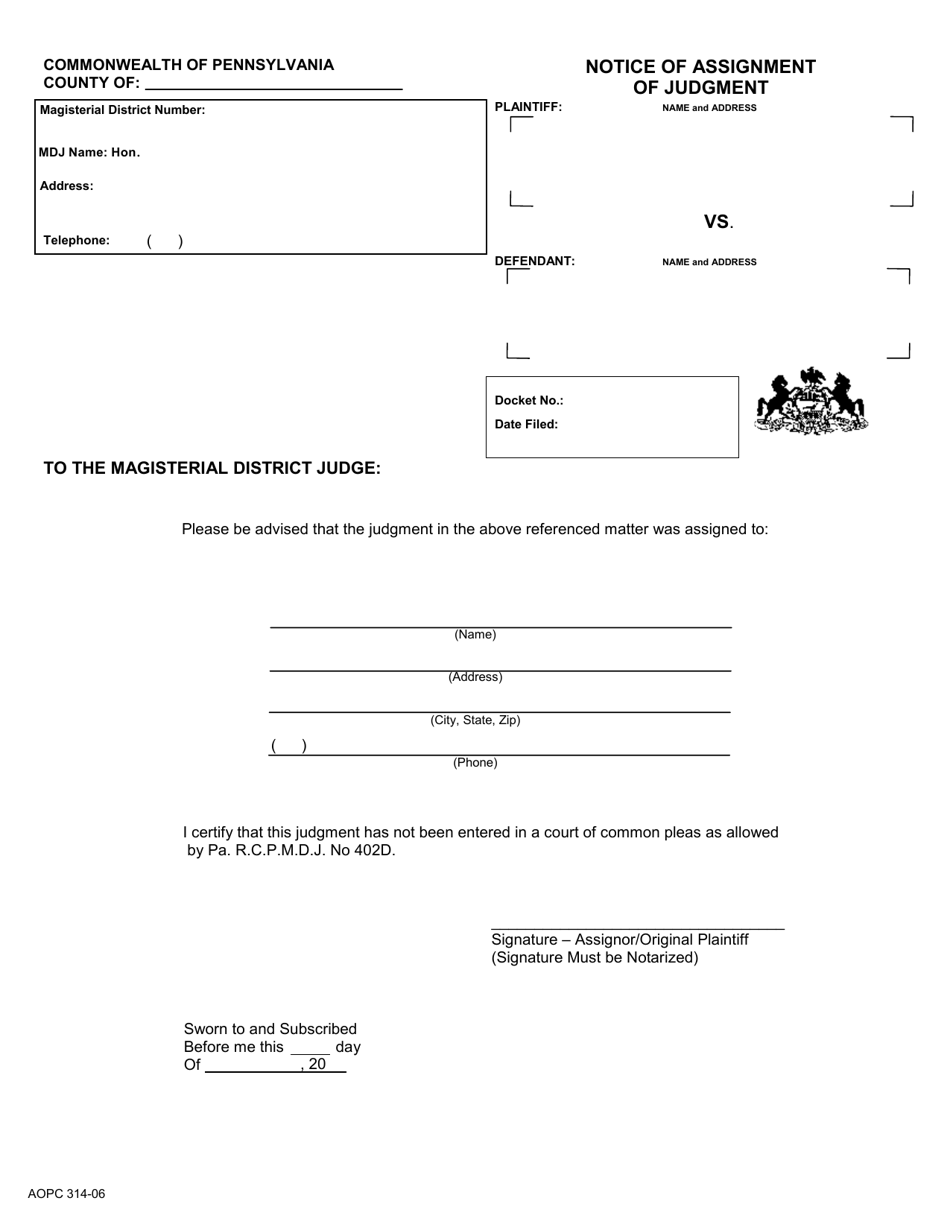 Form AOPC314-06 Notice of Assignment of Judgment - Pennsylvania, Page 1