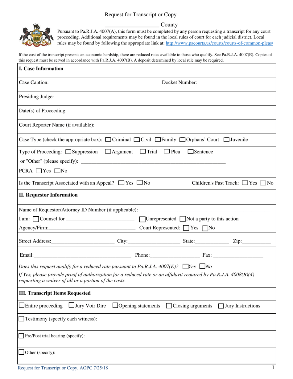 Request for Transcript or Copy - Pennsylvania, Page 1