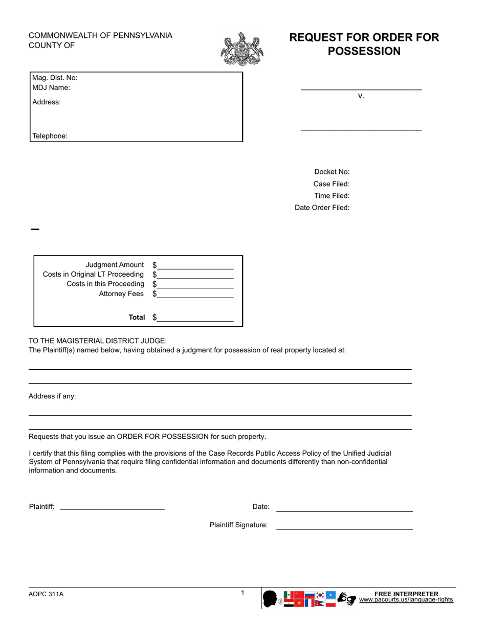Form AOPC311A Request for Order for Possession - Pennsylvania, Page 1