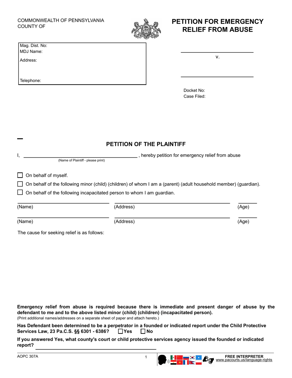 Form AOPC307A Petition for Emergency Relief From Abuse - Pennsylvania, Page 1
