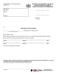 Document preview: Form AOPC306A Petition for Emergency Relief in Connection With Claims of Sexual Violence or Intimidation - Pennsylvania
