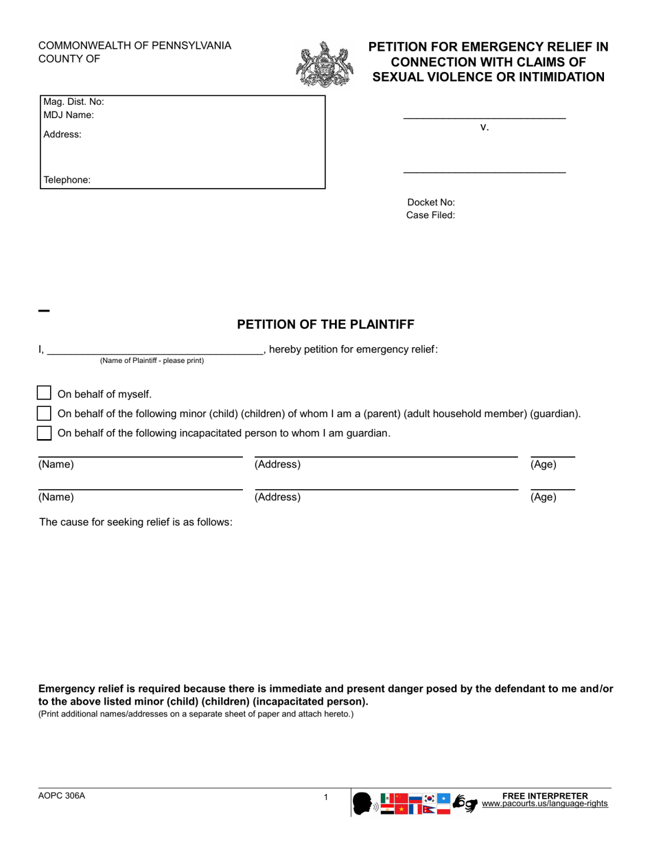 Form AOPC306A Petition for Emergency Relief in Connection With Claims of Sexual Violence or Intimidation - Pennsylvania, Page 1