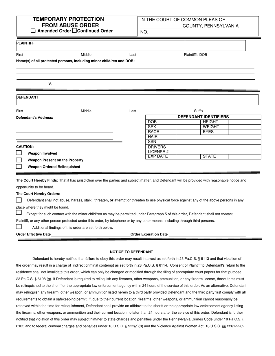 Temporary Protection From Abuse Order - Pennsylvania, Page 1