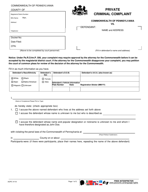 Form AOPC411A Private Criminal Complaint - Pennsylvania