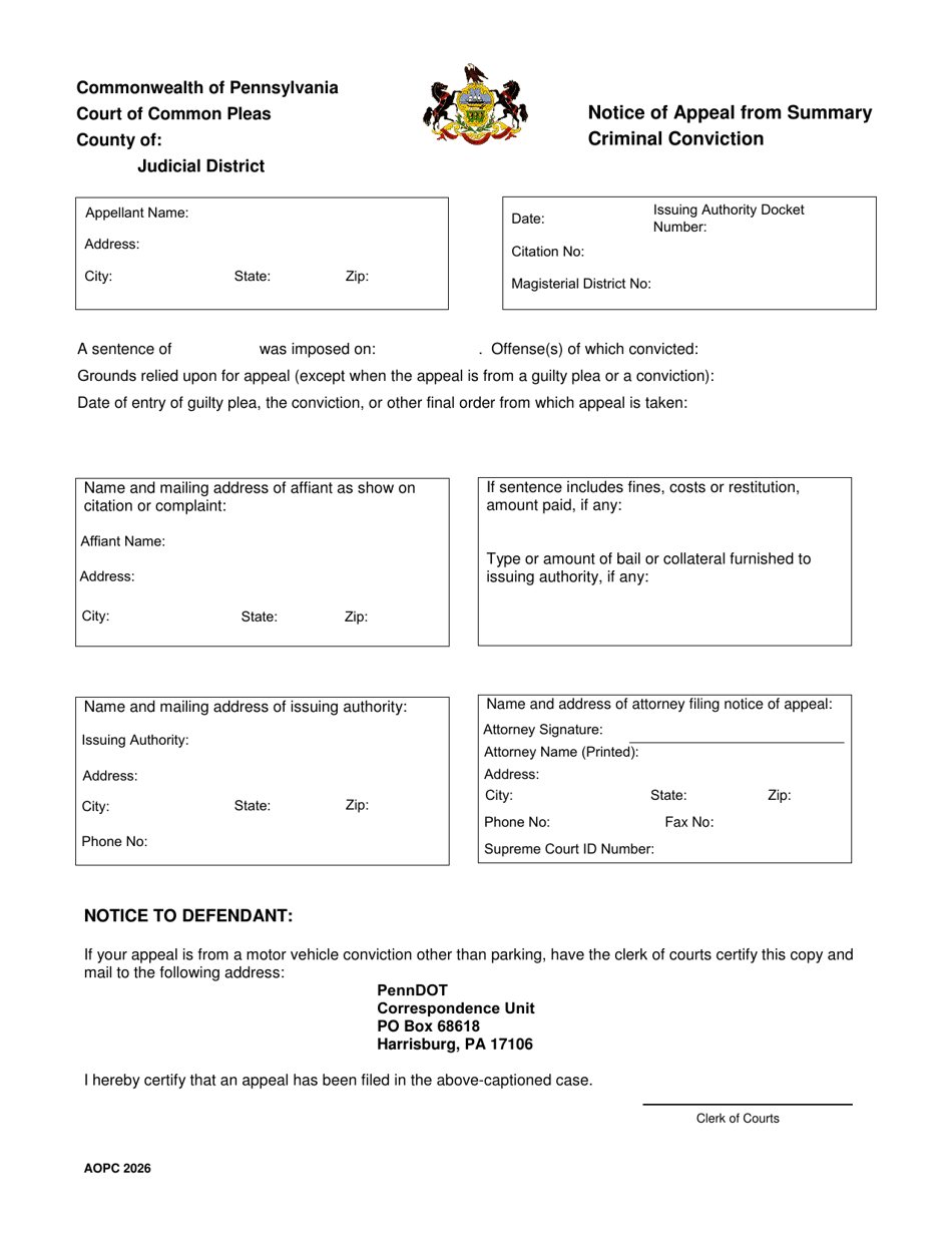 Form AOPC2026 Notice of Appeal From Summary Criminal Conviction - Pennsylvania, Page 1