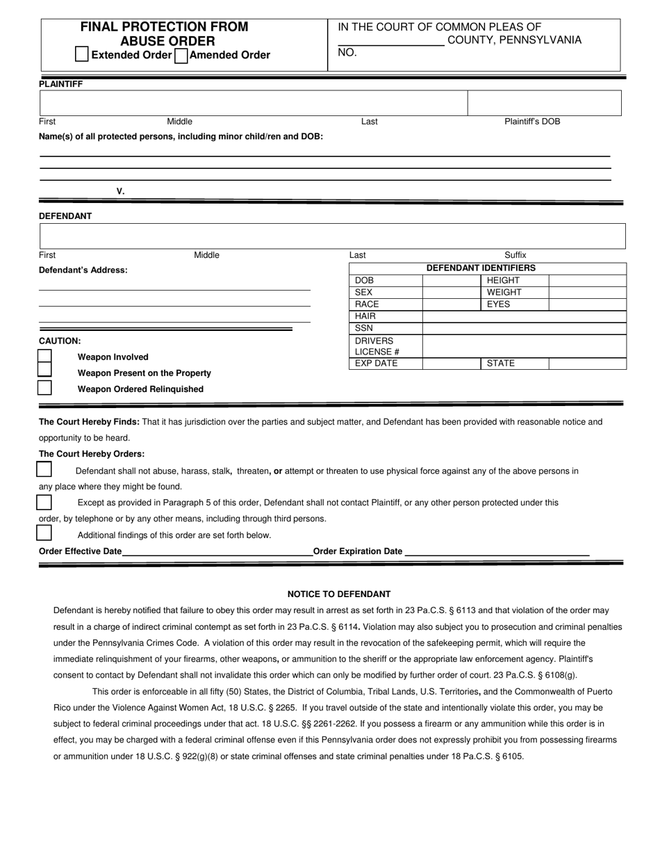 Final Protection From Abuse Order - Pennsylvania, Page 1