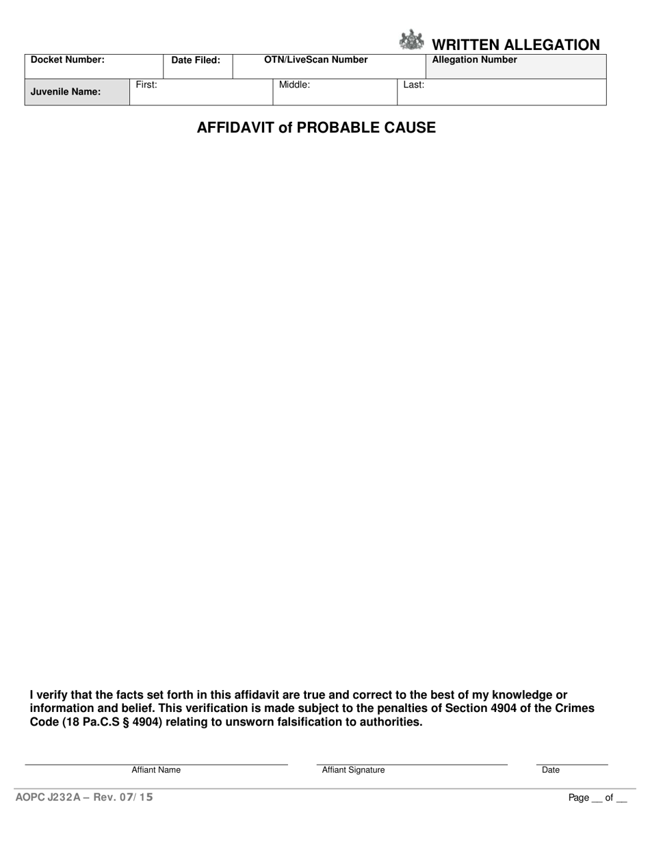 Form AOPC J232A Affidavit of Probable Cause - Pennsylvania, Page 1
