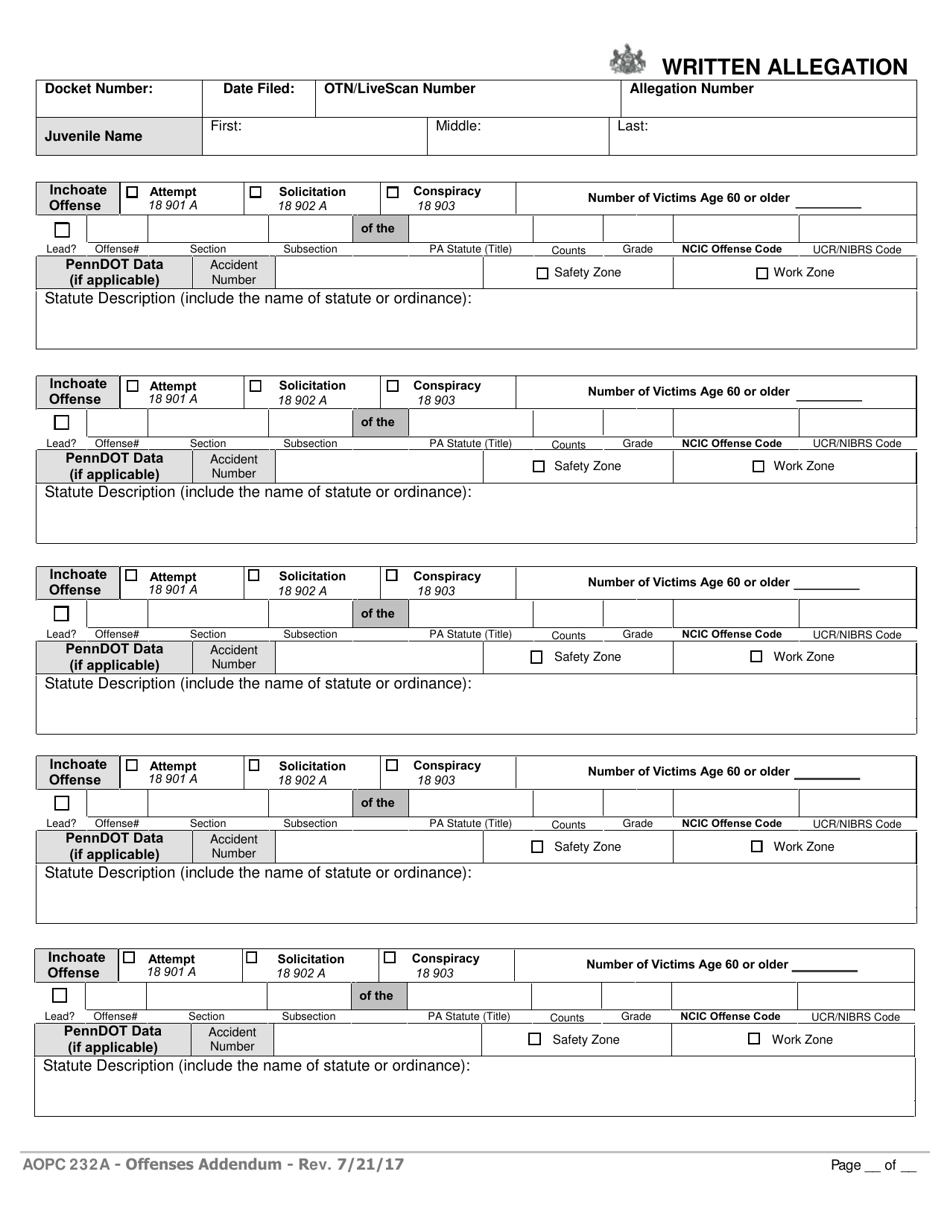 Form AOPC232A Download Fillable PDF or Fill Online Extra Offenses ...