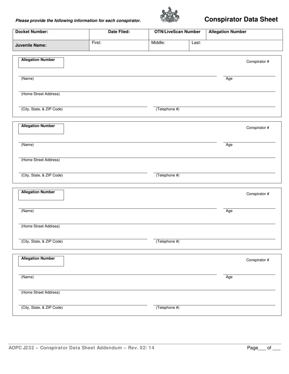 Form AOPC J232 Conspirator Data Sheet Addendum - Pennsylvania, Page 1