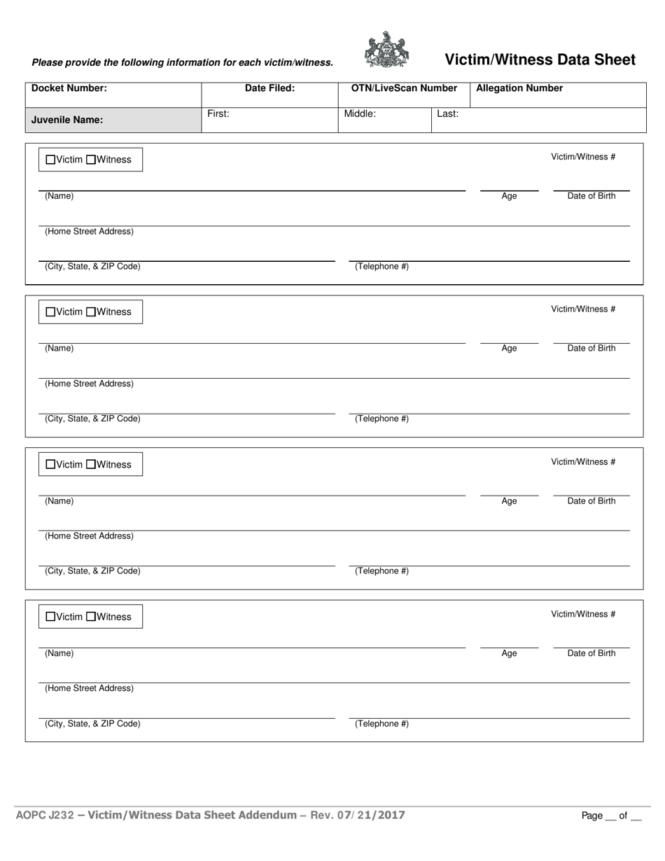Form AOPC J232 Victim / Witness Data Sheet - Pennsylvania, Page 1