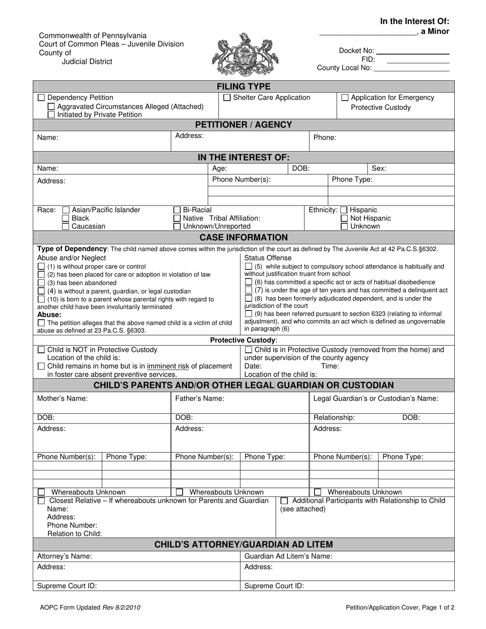 Petition / Application Cover Page - Dependency / Shelter Care / Emergency Custody - Pennsylvania, Page 1