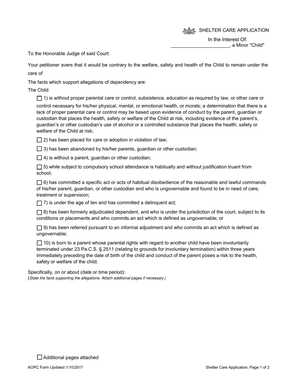 Shelter Care Application Form - Pennsylvania, Page 1